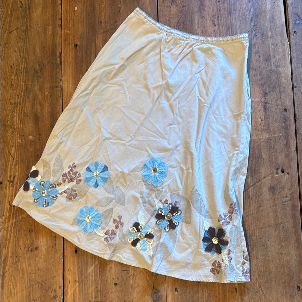 J Jill A-Line Midi Skirt Tan with Floral Applique Elastic Waist Lined Zipper S